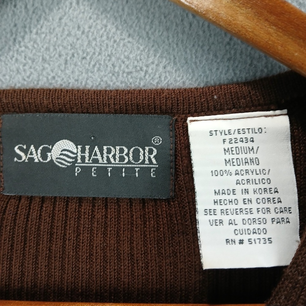 Sag Harbor Cardigan Sweater Womens Medium Petite Brown Acrylic Tight Knit V Neck - Picture 4 of 7